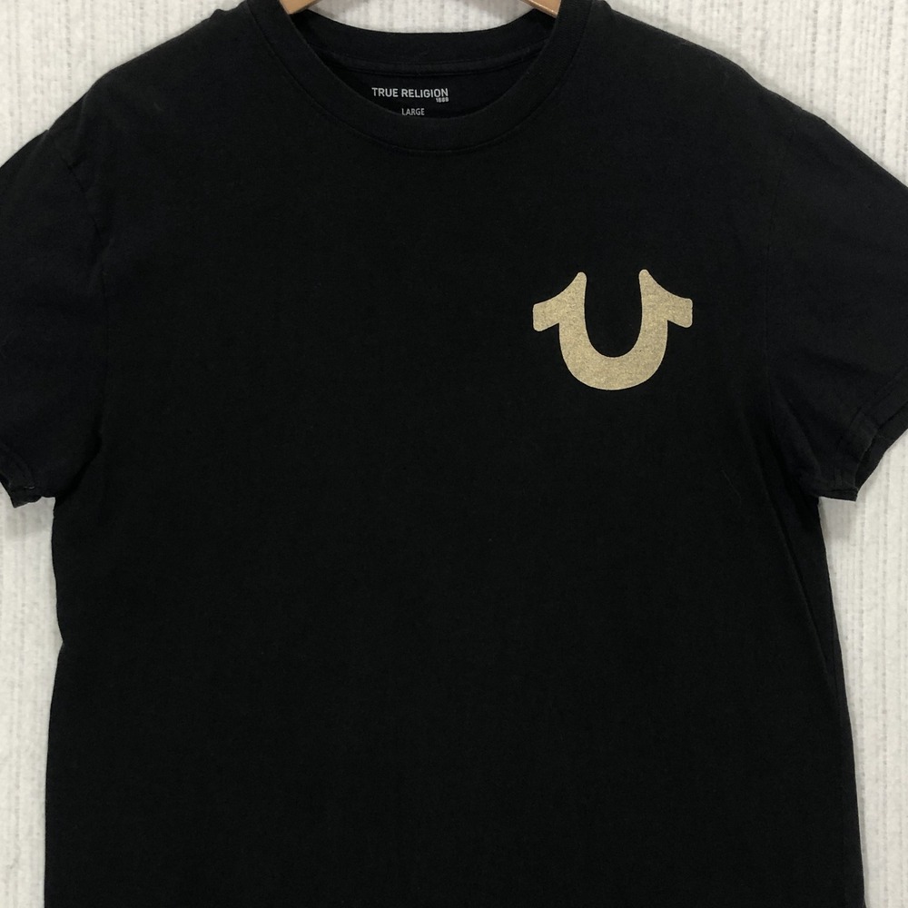 True Religion Mens Black Gold Horseshoe Logo Graphic T-Shirt Size Large
